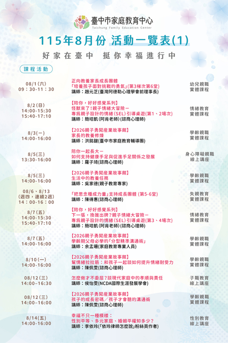 115年8月份活動一覽表