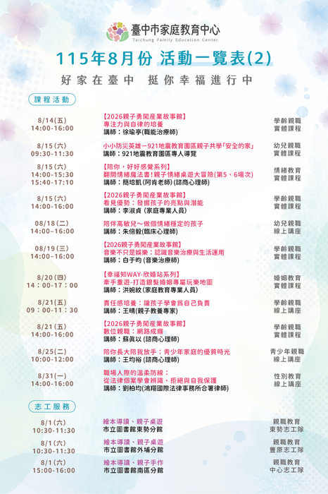 115年8月份活動一覽表