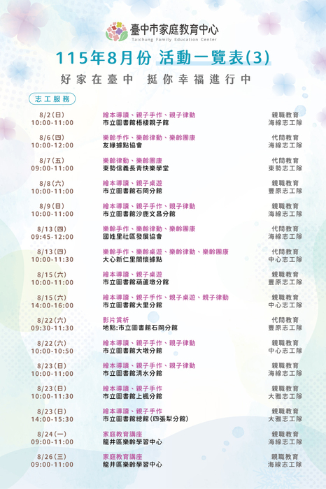 115年8月份活動一覽表