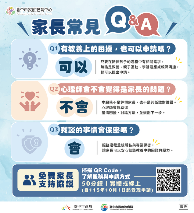 115年度臺中市家庭教育中心家長支持協談服務試辦計畫宣導圖卡一份