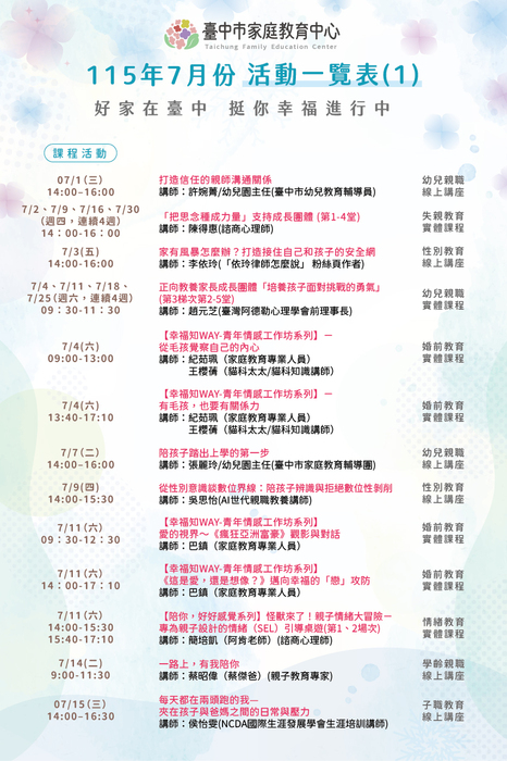 臺中市家庭教育中心115年7月份活動一覽表