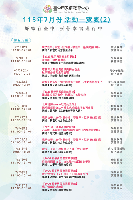 臺中市家庭教育中心115年7月份活動一覽表