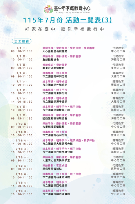 臺中市家庭教育中心115年7月份活動一覽表